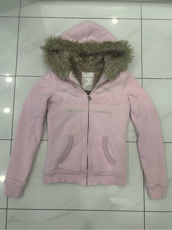 Aeropostale Sweaters - Vintage Aeropostale Light Pink Zip-Up Hoodie with Faux Fur Hood